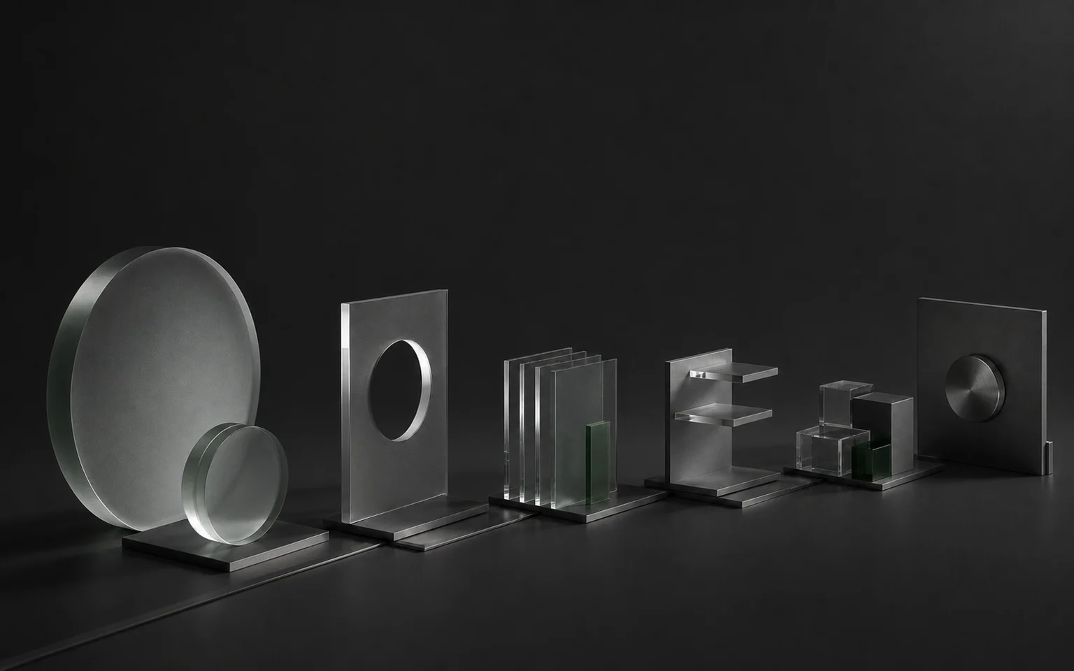 半透明面板、金属基座与层级结构构成的设计体系 editorial concept visual